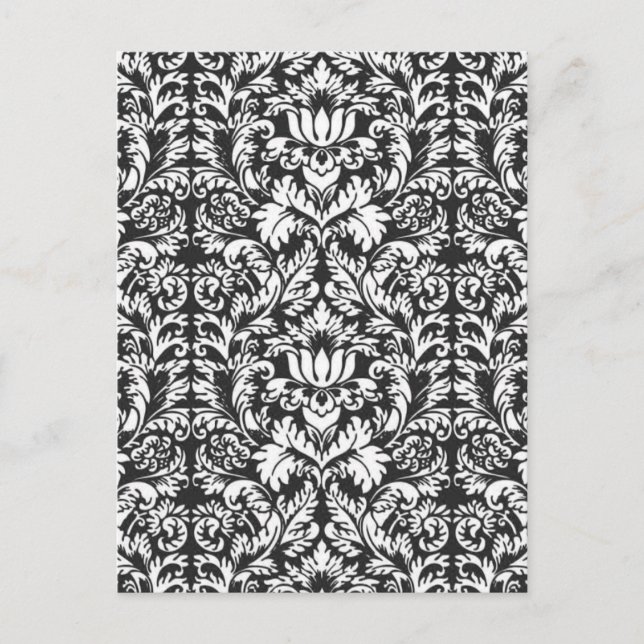 Cartão Postal Vintage Brocado de Renda de Damasco Preto e Branco (Frente)