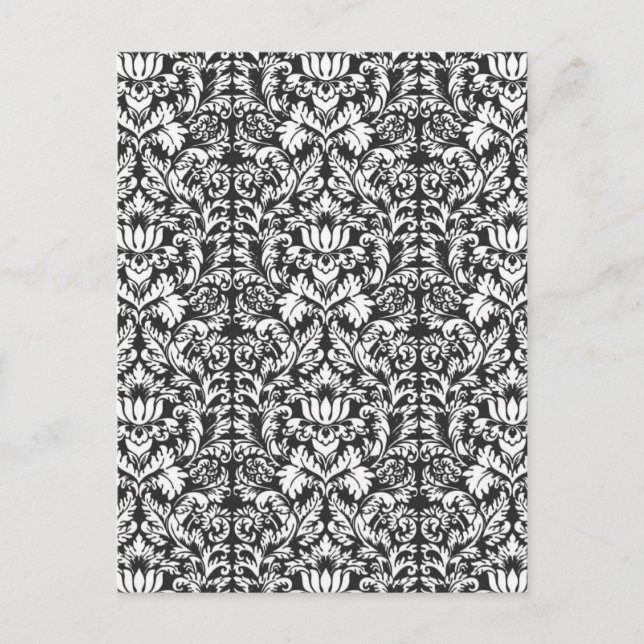 Cartão Postal Vintage Brocado de Renda de Damasco Preto e Branco (Frente)