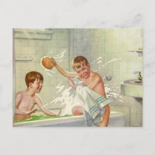 Cartão Postal Vintage Brothers, Children, Boys Splashing in Tub,