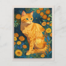 Vintage Brown Cat Botânica Retrato Azul Van Gogh