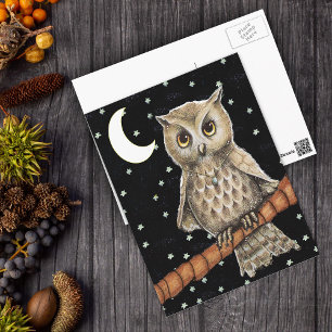 Cartão Postal Vintage Brown Owl Necklace Crescent Moon Stars