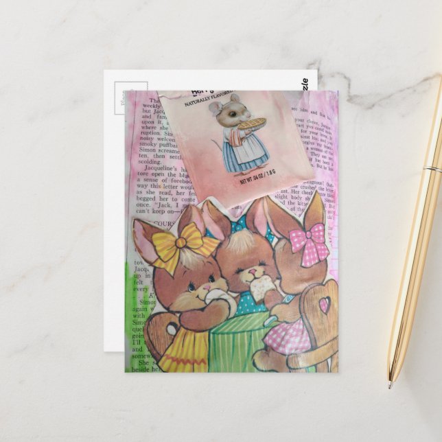 Cartão Postal Vintage Bunnies and Mouse Collage (Frente/Verso In Situ)
