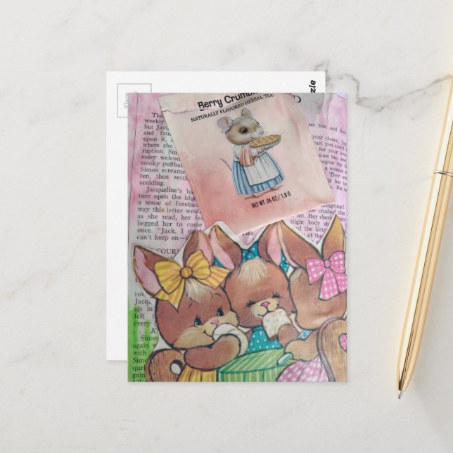 Cartão Postal Vintage Bunnies and Mouse Collage (Frente/Verso In Situ)