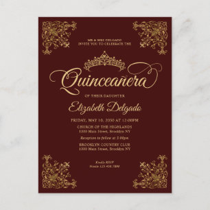 Cartão Postal Vintage Burgundy Dourada Elegante Tiara Quinceaner