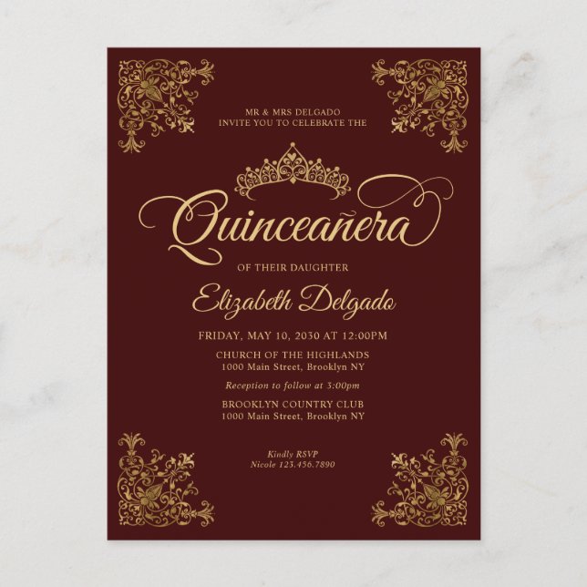 Cartão Postal Vintage Burgundy Dourada Elegante Tiara Quinceaner (Frente)