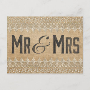 Cartão Postal Vintage Burlap Mr & Mrs Postcard