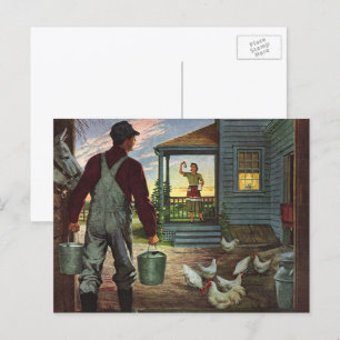 Cartão Postal Vintage Business, Fazenda com agricultores e galin