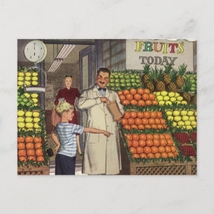 Cartão Postal Vintage Business, Fruta com o Grocer e o Boy