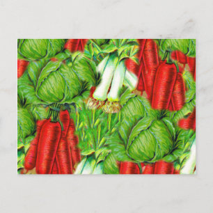 Cartão Postal Vintage Cabbage Carrots & Leek Collage Veg Design