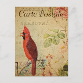 Cartão Postal Vintage Cardinal Bird Pink Roses Floral Francês