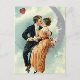 Cartão Postal Vintage, Casal vitoriano, beija-flor numa lua cres