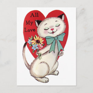Cartão Postal Vintage Cat com Namorados de Flores