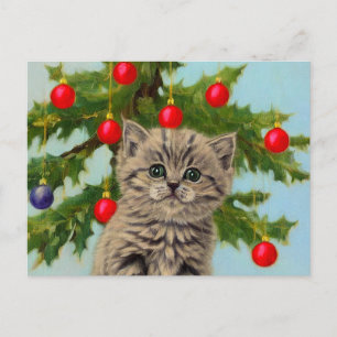 Cartão Postal Vintage Cat e Árvore de Natal