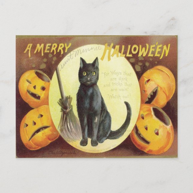 Cartão Postal Vintage Cat Halloween (Frente)