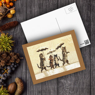 Cartão Postal Vintage Cats Umbrellas Snow