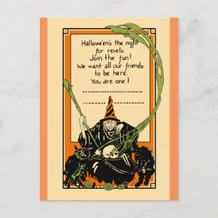 Cartão Postal Vintage Cauldron Black Cat and Owl