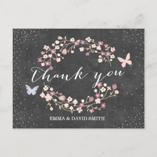 Cartão Postal Vintage Chalkboard Butterfly & Flowers Obrigado