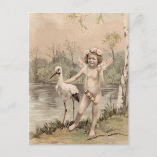 Cartão Postal Vintage Cherub com Stork pelo Lago