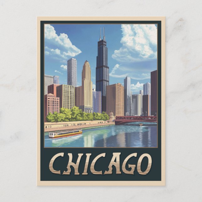 Cartão Postal Vintage Chicago City Skyline (Frente)