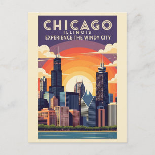 Cartão Postal Vintage Chicago Illinois City Skyline Retro Viagem