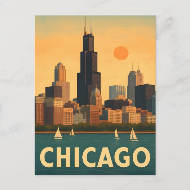 Cartão Postal Vintage Chicago skyline, lago Michigan, veleiro (Frente)