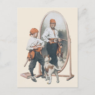 Cartão Postal Vintage Child, Boy Pirate, Cachorro, Espelho, Bucc