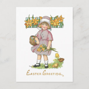 Cartão Postal Vintage Child com Daffodils e Saudação de Páscoa