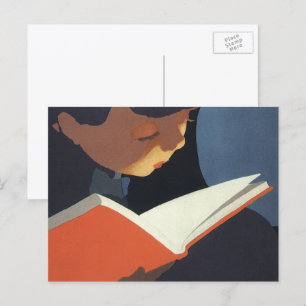 Cartão Postal Vintage Child Lendo um Livro da Biblioteca