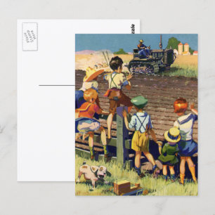 Cartão Postal Vintage Children acenando para o agricultor local