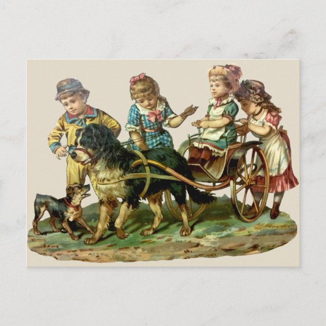 Cartão Postal Vintage Children and Dog Wagon (Frente)