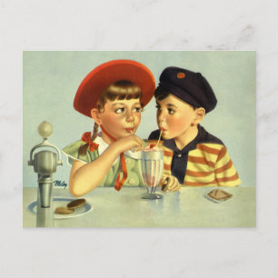 Cartão Postal Vintage Children, Boy and Girl Sharing a Shake