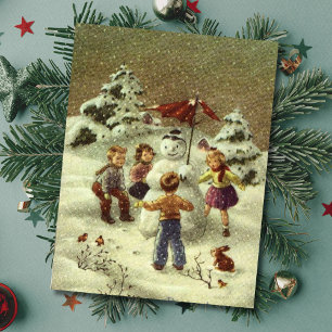 Cartão Postal Vintage Children Fazer um boneco de neve