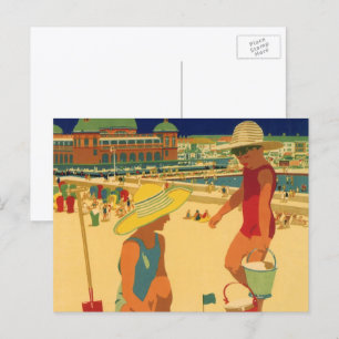 Cartão Postal Vintage Children, Irmãs Férias Familiares em Praia