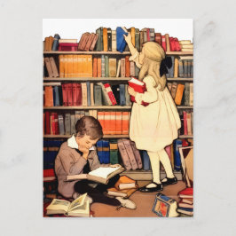 Cartão Postal Vintage Children Reading Library Books PostCard