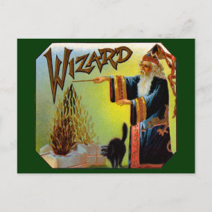 Cartão Postal Vintage Cigar Label Art, Wizard com Black Cat