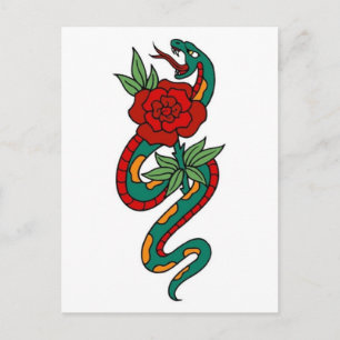 Cartão Postal Vintage Cobra e Rosa Tattoo Art
