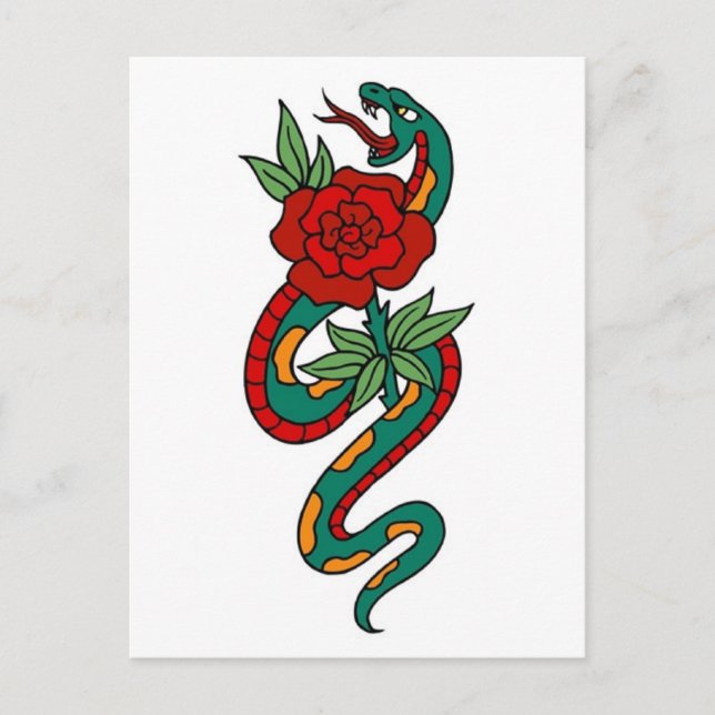 Cartão Postal Vintage Cobra e Rosa Tattoo Art (Frente)
