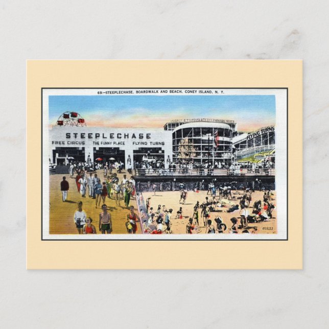 Cartão Postal Vintage Coney Island steeplechase boardwalk Beach (Frente)