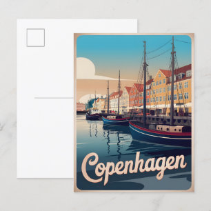 Cartão Postal Vintage Copenhagen colorida barcos com presentes
