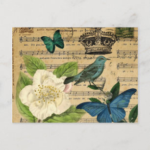 Cartão Postal vintage corwn bird Music Notes french botanch
