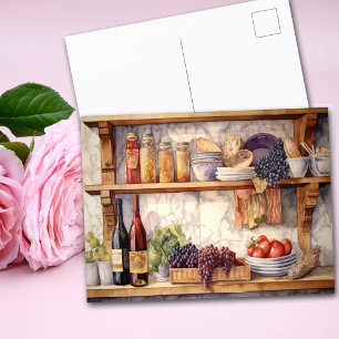 Cartão Postal Vintage Country Kitchen Prateleiras de vinho