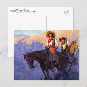 Cartão Postal Vintage Cowboys, Man and Woman on Horses, Anderson