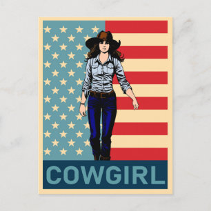Cartão Postal Vintage Cowgirl American Flag