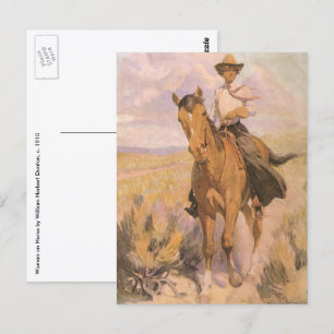 Cartão Postal Vintage Cowgirl Cowboy, Mulher de Cavalo por Dunto