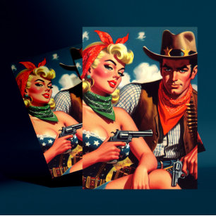 Cartão Postal Vintage Cowgirl e Cowboy