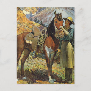 Cartão Postal Vintage Cowgirl e Horse