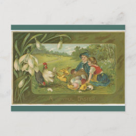 Cartão Postal Vintage Crianças Com Páscoa De Frangos