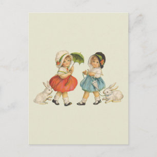 Cartão Postal Vintage Crianças e Coelhos