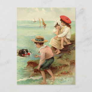 Cartão Postal Vintage - Crianças na praia