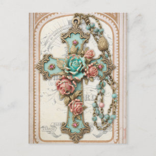 Cartão Postal Vintage Cross and Flowers